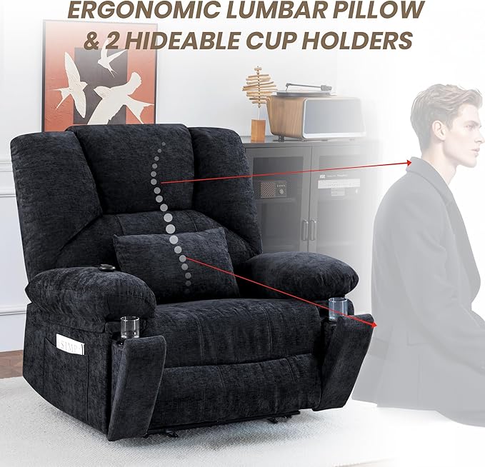 Oversized Power Recliner Chair 350lb with Hidable Cup Holders, Extra Wide Large Big Electric Recliner Chair with Lumbar Support Pillow Nursery Chair Living Room (Power, Black)
