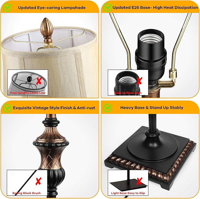 TOBUSA Traditional Floor Lamp, Classic Standing Lamp with Bronze Fabric Shade, Vintage Elegant Tall Pole Lamp for Living Room Bedroom Office Reading, Rustic Upright Floor Lights, Pull Chain Switch