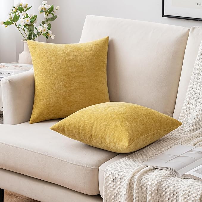 MIULEE Pack of 2 Mustard Yellow Decorative Pillow Covers 18x18 Inch Soft Chenille Couch Spring Throw Pillows Farmhouse Cushion Covers for Home Decor Sofa Bedroom Living Room