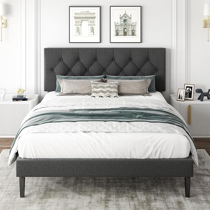Full Size Platform Bed Frame with Upholstered Headboard, Button Tufted Design, Strong Wooden Slats, No Box Spring Needed, Easy Assembly, Noise Free