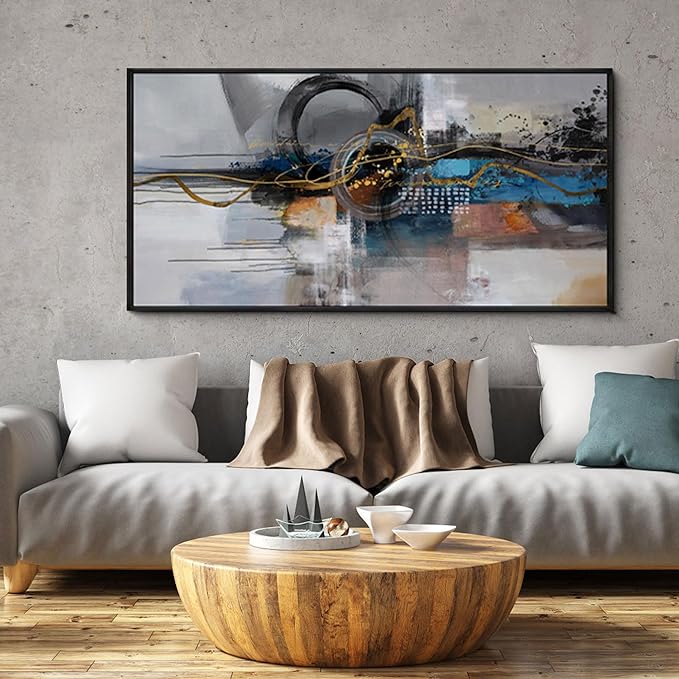 XLSJERST Large Abstract Frame Wall Art - Black and Blue Cnavas Framed Artwork for Walls Modern Minimalist Boho Gray Pictures Wall Decor for Living Room Bedroom Office Home Decoration 24x48 Inches