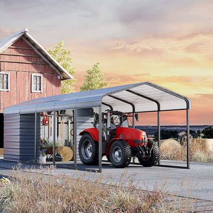 EROMMY 10x25 FT Carport Storage Shed 2-in-1, Heavy Duty Car Port with Galvanized Metal Frame, Base-Reinforced Enclosed Storage Shelter, Extended Coverage for Trucks, Cars & All Vehicles, Gray