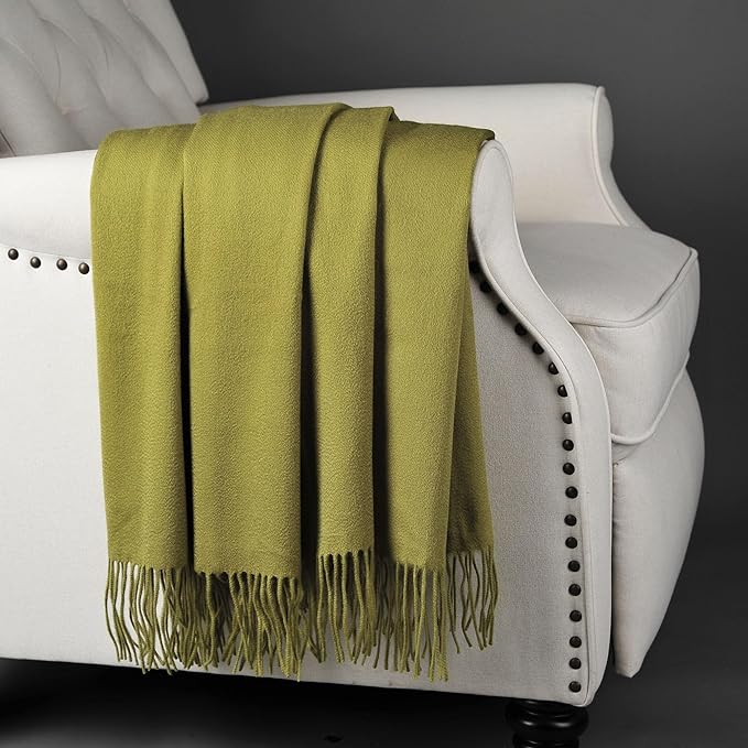 CUDDLE DREAMS Premium Cashmere Throw Blanket with Fringe, Luxuriously Soft (Bamboo Green)