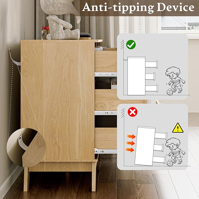 Fluted Dresser for Bedroom with 7 Drawer, Mid Century Modern Chest of Drawers, 48" Wide Natural Wood Dresser for Closet, Wooden Boho Chest Closet Storage TV Stand for Bedroom, Nature