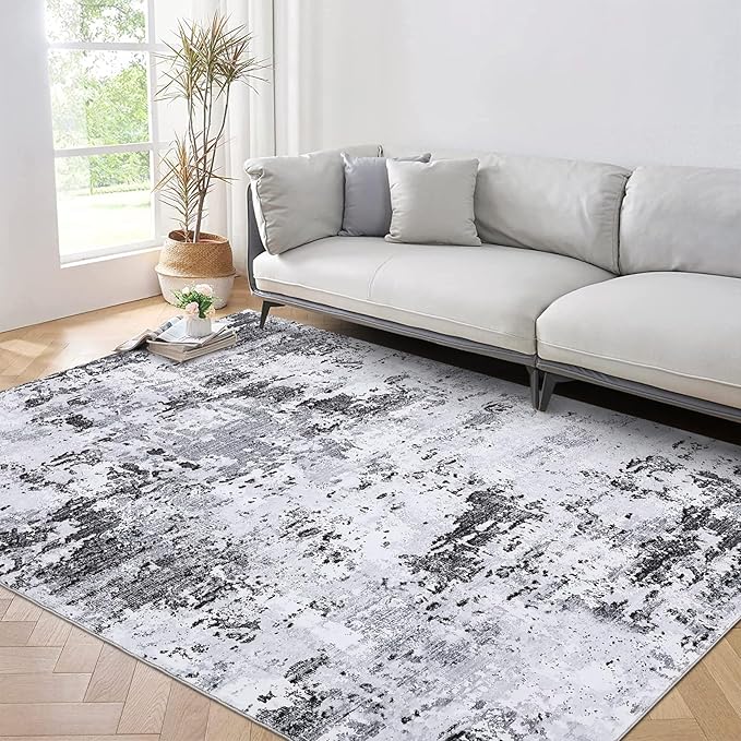 5x7 Modern Abstract Area Rugs Faux Wool Rug Ultra-Soft Low Pile Stain Resistant Machine Washable Carpet for Bedroom with Non Slip Backing, Grey