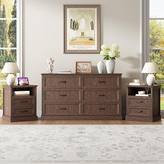 CARPETNAL Farmhouse Dresser and Nightstand Sets for Bedroom, 3 Pcs Bedroom Set, 6 Drawer Dresser & Nightstand Set of 2, Modern Wood Chest of Drawers for Bedroom, Living Room, Entryway, Brown