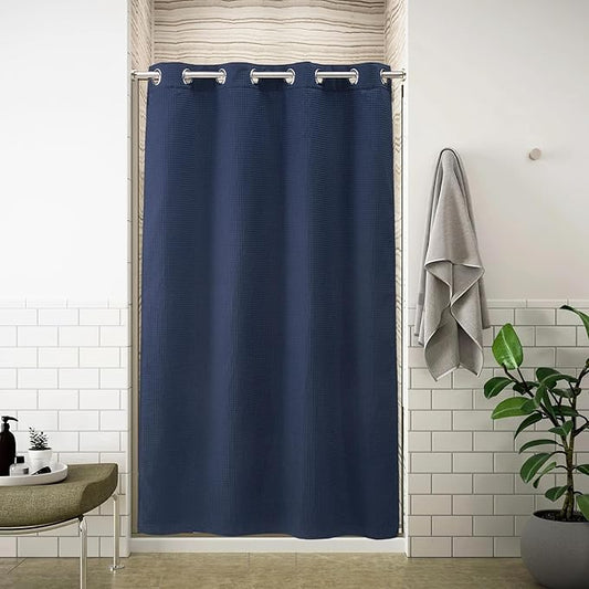 River Dream Stall Waffle Weave Shower Curtain with Snap-in Liner,Cotton Blend Fabric Heavy Duty,No Hooks Needed Shower Curtain for Bathroom,Hotel Quality Shower Curtain Set,Navy Blue,54x80 inches