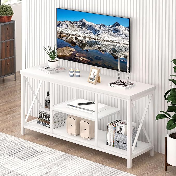 EXCEFUR Modern White TV Stand with Storage Shelves, Entertainment Center for TV up to 55 inch, Media TV Console Table and TV Cabinet for Living Room Bedroom, 47 Inch