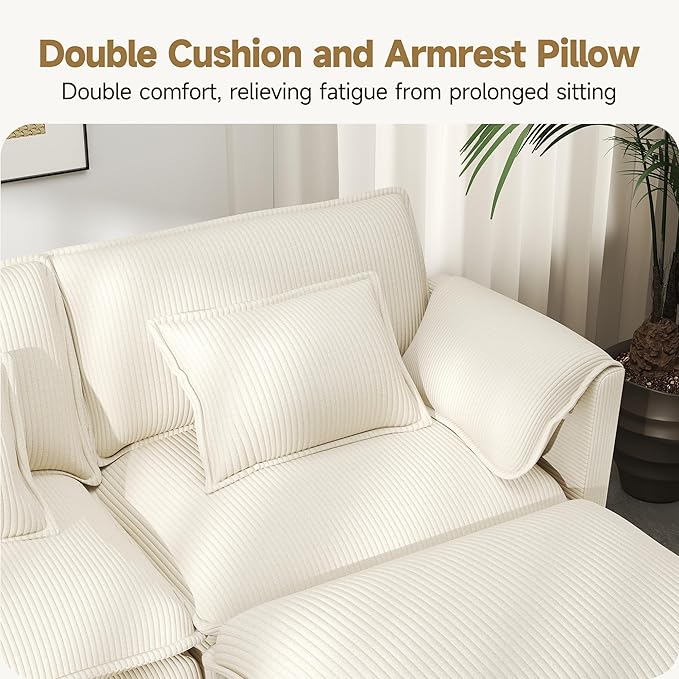 Real Relax 111'' Modular Sectional Sofa, 3 Seat Corduroy Convertible Couch with 6 Pillows and 2 Armrest Pillows for Living Room, Office and Leisure Places, Beige