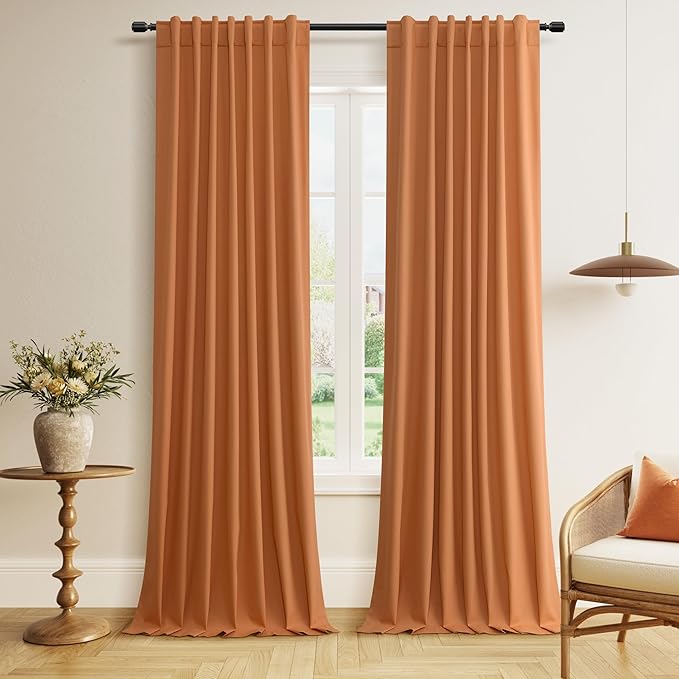 Guken Orange Blackout Curtains 120 Inch Length 2 Panels Set for Living Room Bedroom Back Tab Thermal Insulated 100% Black Out Linen Drapes Room Darkening Window Curtains 120 Inches Long