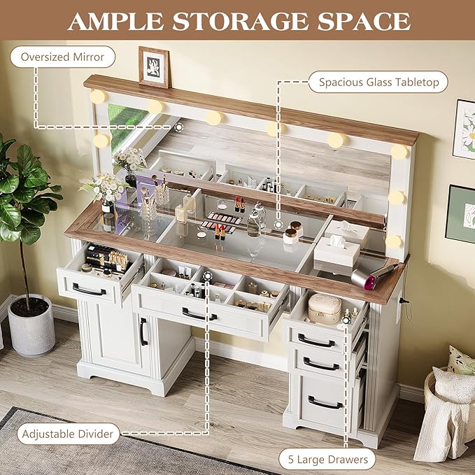 55'' Farmhouse Vanity Desk with Mirror and Lights, Large Makeup Table with Charging Station, Glass Tabletop & 5 Drawers, Rustic Dressing Table for Bedroom, Antique White