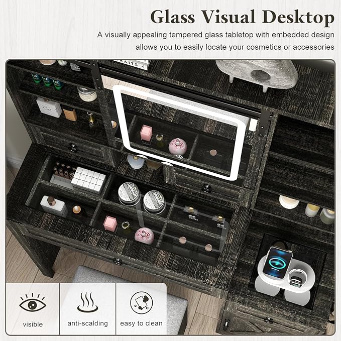 Farmhouse Makeup Vanity Desk with Sliding Mirror and Lights, 42" Glass Top Vanity Table with Charging Station & 4 Drawers & 2 Cabinets, Vanity Set for Bedroom, Dressing Table with Stool, Black