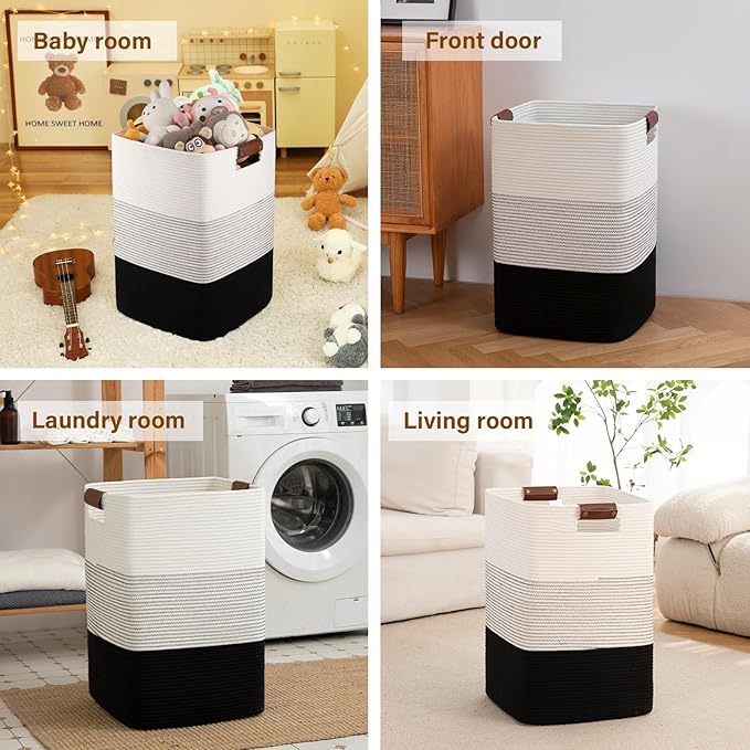 Laundry Hamper 96L Extra Large Laundry Basket, Woven Blanket Basket, Cotton Woven Storage Hamper with Handles for Living Room, Large Baskets for Pillows, Blankets, Clothes-Gradient Black