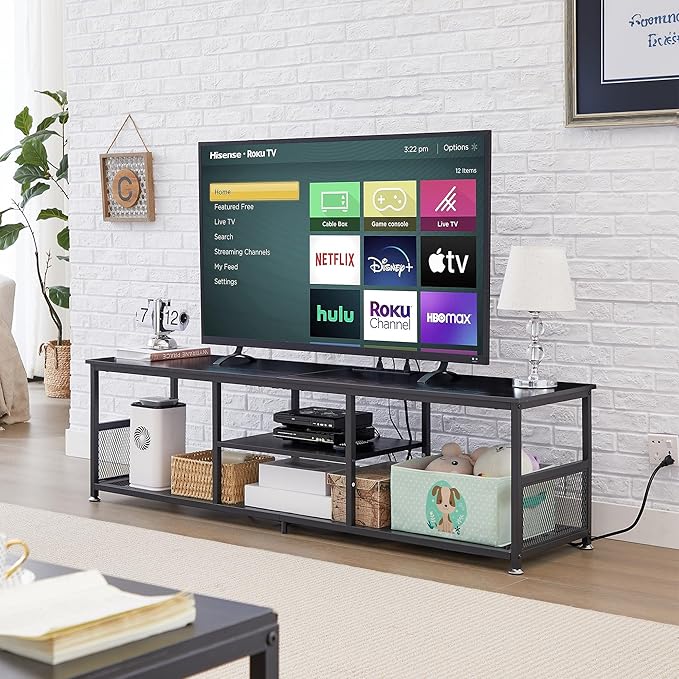 VECELO TV Stand with Power Outlets for Televisions up to 75Inch, 62" Media Entertainment Center with Charging Station 3-Tier Open Storage Shelves with Metal Frame for Living Room/Bedroom，Black