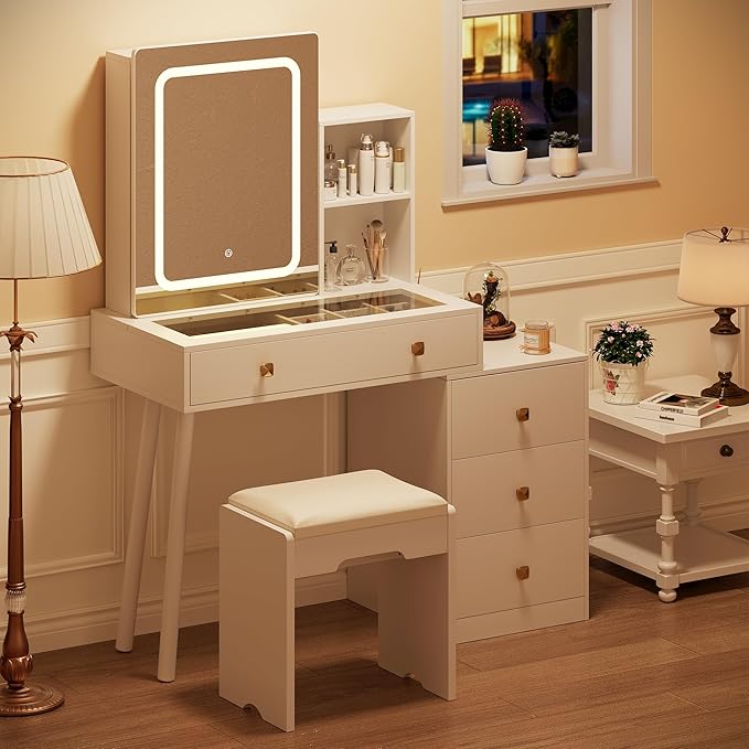 KAMABOKO Vanity Desk with Sliding Mirror and Lights, Makeup Vanity Table with 4 Drawers and Storage Rack, Glass Transparent Top Makeup Vanity with Stool for Bedroom (White)