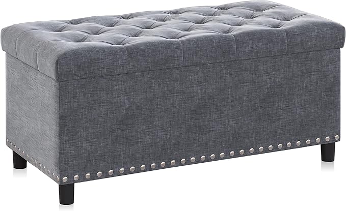 BELLEZE 35" Tufted Ottoman, Storage Bench with Safety Close Hinge, Ottoman with Storage for Living Room, Entryway, Hallway, Foot Rest, Support 300lbs - Grey