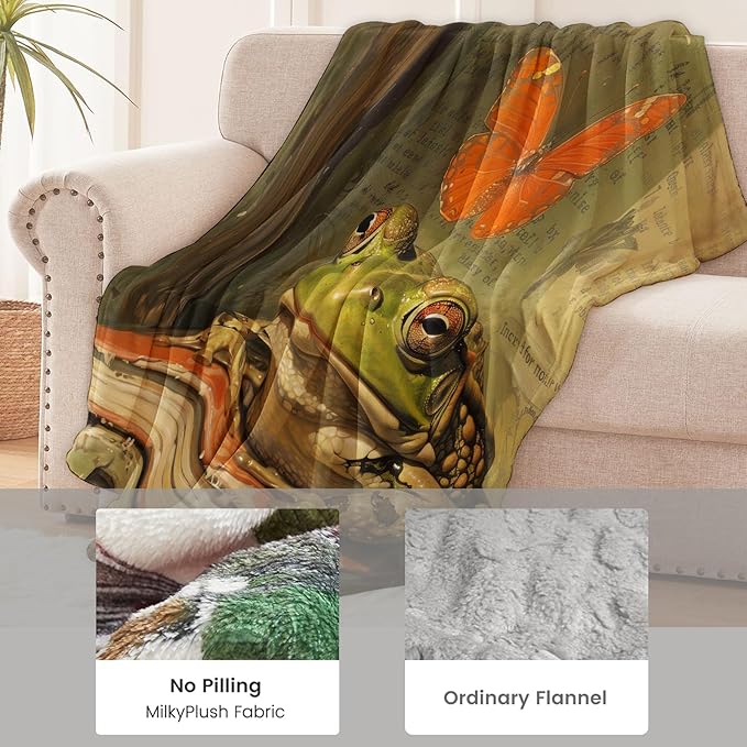 Frog Blanket for Adults, Flannel Butterfly Book Throw for Sofa Couch Bed, Soft Warm Cozy Decor, 60" x 50"