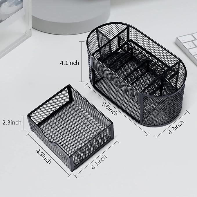Black Mesh Pen Holder Desk Organizer Cute Office Supplies Pencil and Marker Organizers Oval Desk Caddy with 8 Compartments and 1 Drawer Workspace Accessories for Office School Home