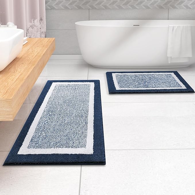 OLANLY Bathroom Rugs 47x20, Extra Soft and Absorbent Microfiber Bath Mat, Non-Slip, Machine Washable, Quick Dry Shaggy Bath Carpet, Suitable for Bathroom Floor, Tub, Shower (Runner, Navy)