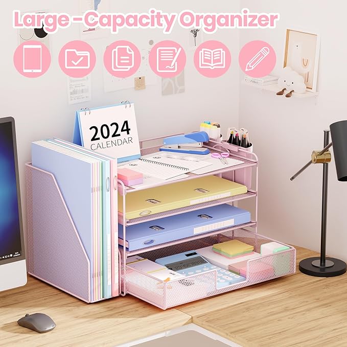 Desk Organizer and Accessories, 4-Tier Desktop File Organizer with Drawer and 2 Pen Holders, Office Desk Accessories for Office Supplies(Pink)