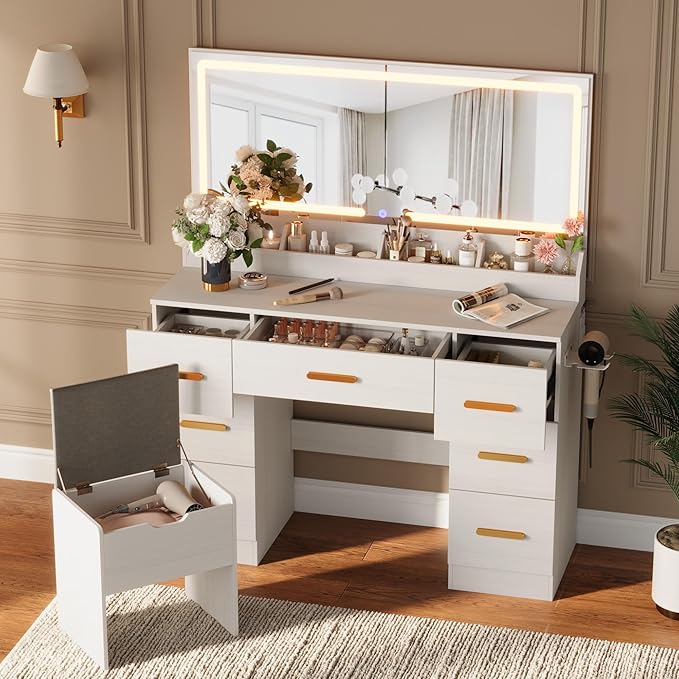 Garvee Vanity Desk with Large Mirror and Lights, 45.9In Makeup Vanity Desk, 3 Lighting Modes Adjustable Brightness, Vanity Table with Power Outlet &8 Drawers, for Powder Room and Bedroom