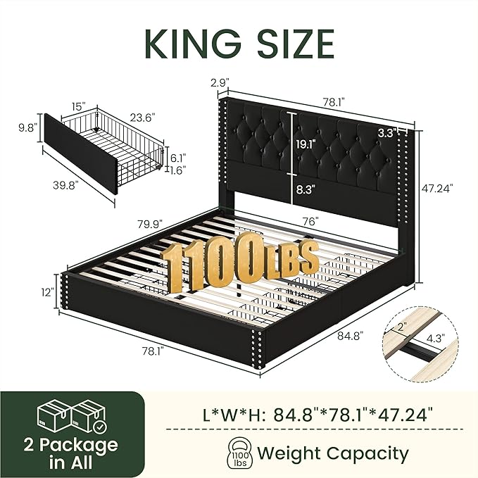 King Size Bed Frame with 4 Storage Drawers and Tufted Headboard Linen Upholstered Platform Bed Frame with Heavy Duty Wood Slats, No Box Spring Needed, Easy Assembly,Black