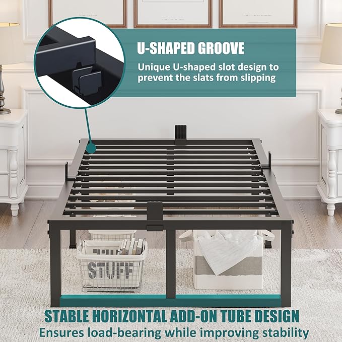 16 inch Twin XL Bed Frame,3500 lbs Heavy Duty Metal Platform,Steel Slats Support/No Box Spring Needed/Noise Free/Non-Slip/Easy Assembly