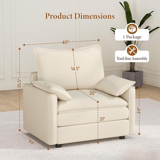 Vesgantti 40" Single Seat Sofa, Comfy Cloud Couch Deep Seat Upholstered Couch Chenille Modern Sofa with Armrest Pillow, Easy Assembly for Living Room, Bedroom and Apartment, Beige