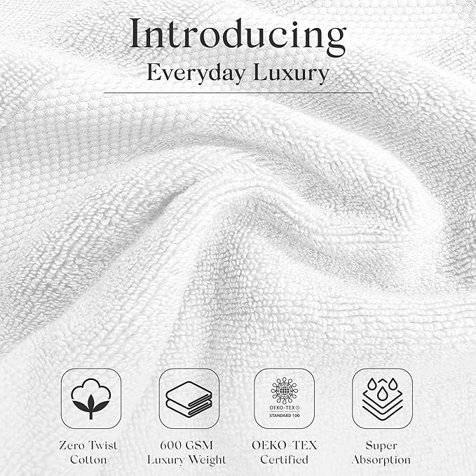 Zero Twist Bathroom Towel Set - Luxury Bath Towel Sets for Bathroom, Hands, and Washcloths - Quick Dry and Absorbent - 6 Pieces, 3 Stripe, White