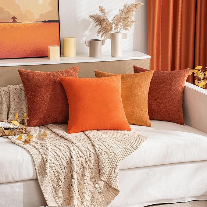 MIULEE Pack of 2 Bright Orange Decorative Fall Pillow Covers 18x18 Inch Soft Chenille Couch Throw Pillows Farmhouse Cushion Covers for Home Decor Sofa Bedroom Living Room