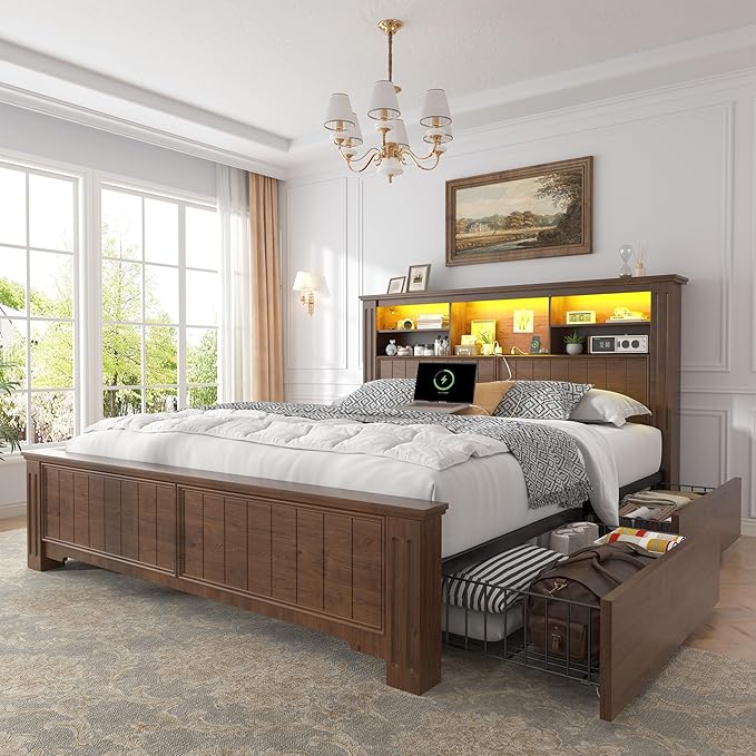 EnHomee Full Size Bed Frame with Headboard and Storage, 4 Drawers and LED Built in Charging Station Full Bed Frame with Storage Farmhouse, NO Noise,No Box Spring Needed,Brown