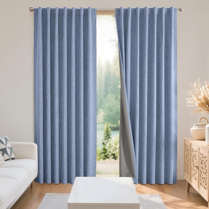 Joydeco 100% Blackout Curtains for Bedroom - Natural Linen Curtains 42" W x 90" L Long, Thermal Insulated 2 Panels Light Blocking Drapes, Rod Pocket & Back Tabs, Darkening Privacy for Living Room