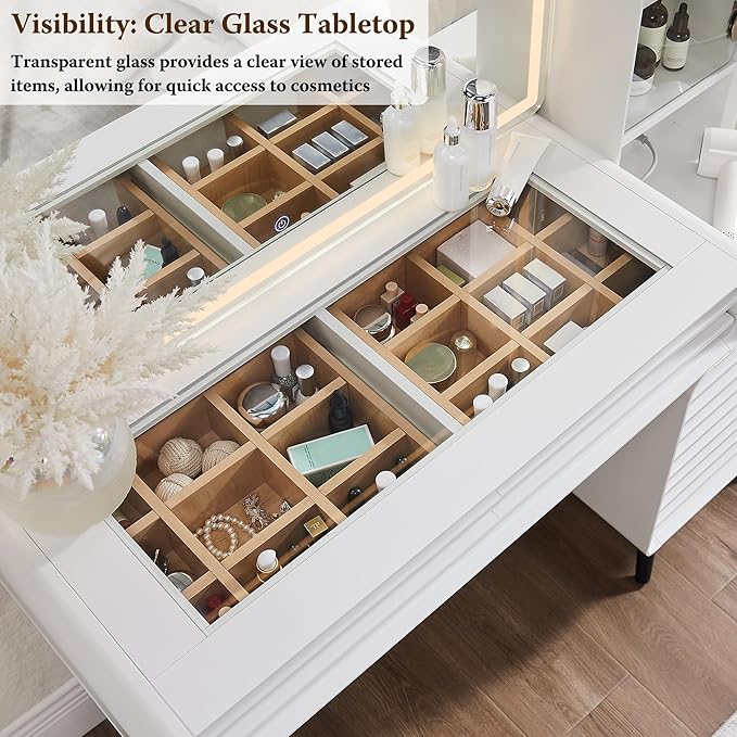 Fluted Makeup Vanity Desk with Large 35" HD Lighted Mirror, 48" Mid Century Modern Glass Top Vanity Table with 5 Drawers & Adjustable Shelf, Dressing Table w/Charging Station for Bedroom