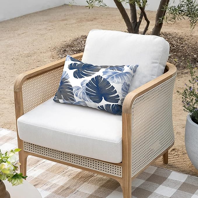 Outdoor/Indoor Lumbar Pillows, Water Repellent Cushion Pillows, 12x20 Inch, Outdoor Pillows with Inserts for Home Garden, Pack of 2, Monstera Blue