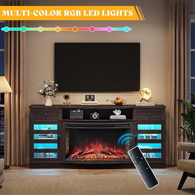 Farmhouse Curved Fireplace TV Stand, 70" LED Light Entertainment Center Table with 36'' Upgrade Electric Fireplace TV Console Cabinet for TVs Up to 80", Dark Walnut