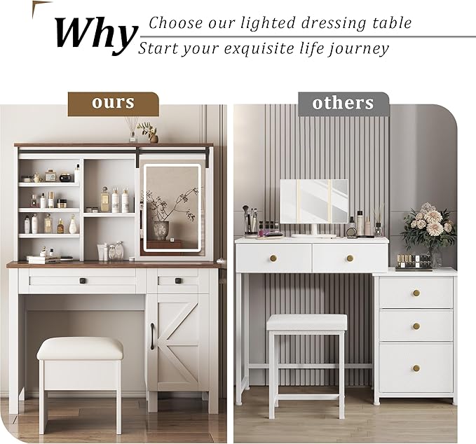 Makeup Vanity Desk with Sliding Mirror and Lights, Dressing Table Set with Hairdryer Holder, Storage Shelves and Drawers, Large Vanity with Stool (Includes Upholstery &Storage Space) for Bedroom