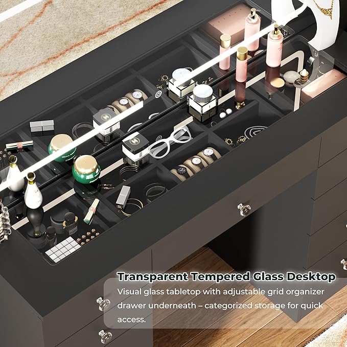 Vanity Mirror with Lights, Black Vanity with Lighted Mirror, 11 Drawers Makeup Vanity Desk with 3 Lighting Modes Adjustable Brightness, Vanity with Glass Top for Bedroom