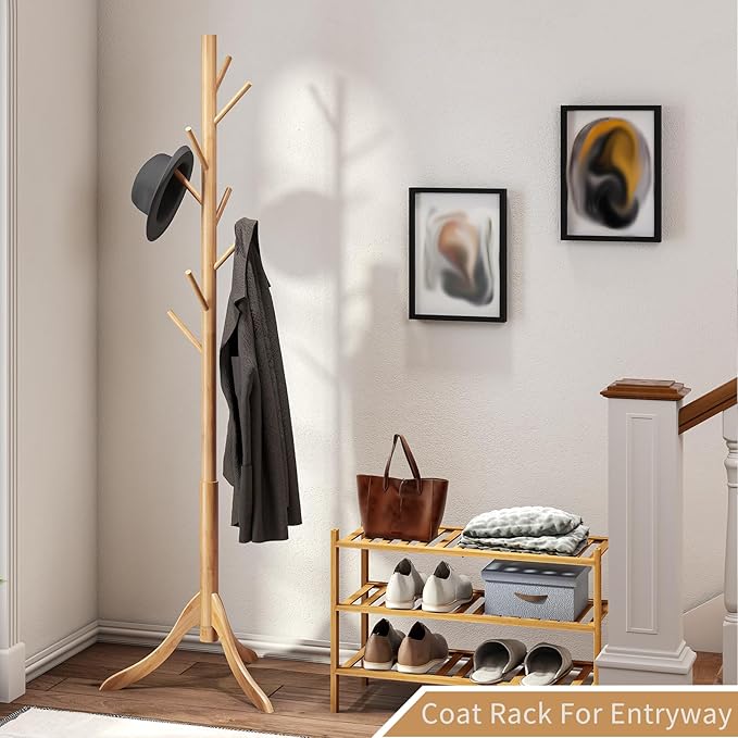Coat Rack Freestanding, Coat Stands Entryway, Bamboo Coat Rack Hat Hanger 8 Hook for Jacket, Purse, Scarf Rack, Umbrella Tree Stand (Natural)