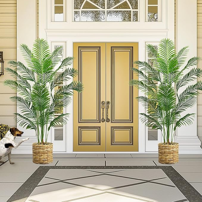 2 Pack Artificial Palm Tree 7FT Artificial Plants Indoor Tropical Fake Palm Tree Areca Floor Plant in Black Pot with 18 Trunks & Real Bark Design, Faux Palm Plant for Outdoor Patio Home Office Decor