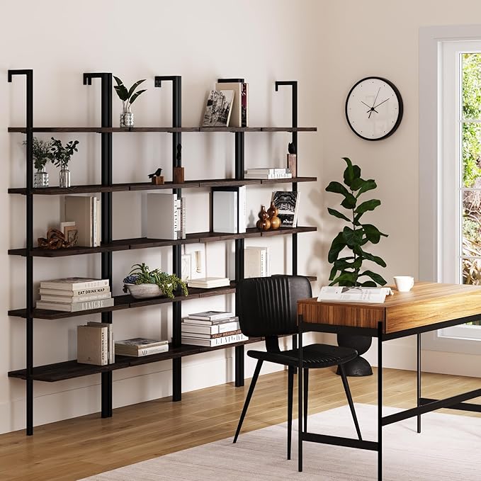 Nathan James Theo 5-Shelf Wood Modern Bookcase, Open Wall Mount Ladder Bookshelf with Industrial Metal Frame, Dark Walnut Brown/Black, Set of 4