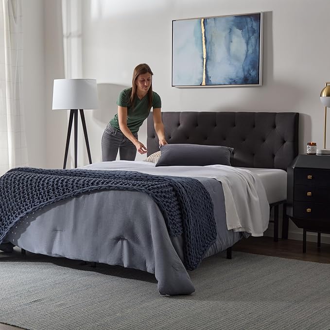Lucid Mid-Rise Upholstered Headboard - Diamond Tufted - Padded Polyester - Adjustable Height from 34” to 46” - Easy Assembly - Bed Frame or Wall Mount - Sturdy - Charcoal - Queen Size