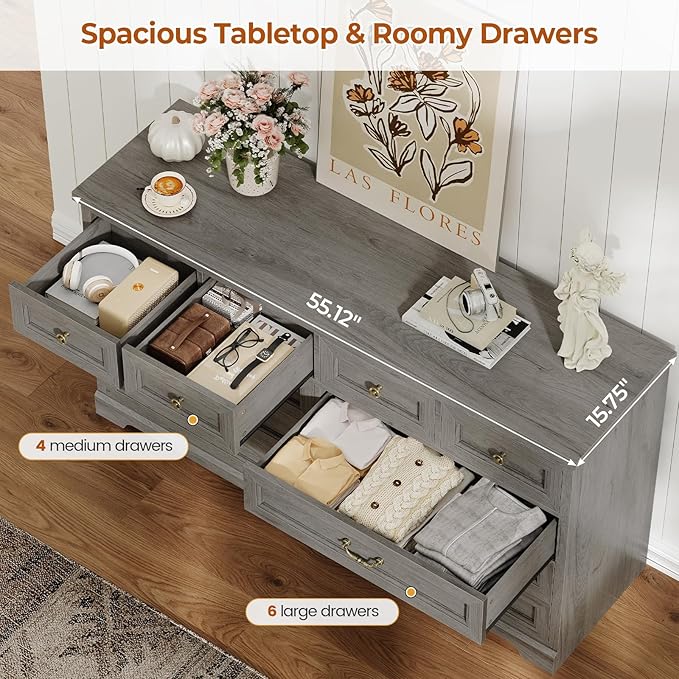 DICTAC 10 Drawers Dresser for Bedroom,55" Wide Farmhouse Dresser with Natural Texture and Vintage Metal Handles, Rustic Wood Chest of Drawers for Bedroom, Living Room, Hallway,Oak Grey