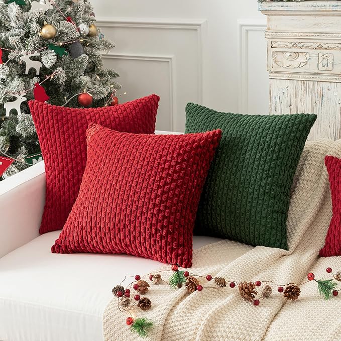 Kevin Textile 2 Packs Red Decorative Throw Pillow Covers 22x22 Inch for Christmas Living Room Couch Bed Sofa Soft Striped Corduroy Square Cushion Case 55x55 cm Rustic Farmhouse Boho Home Decor