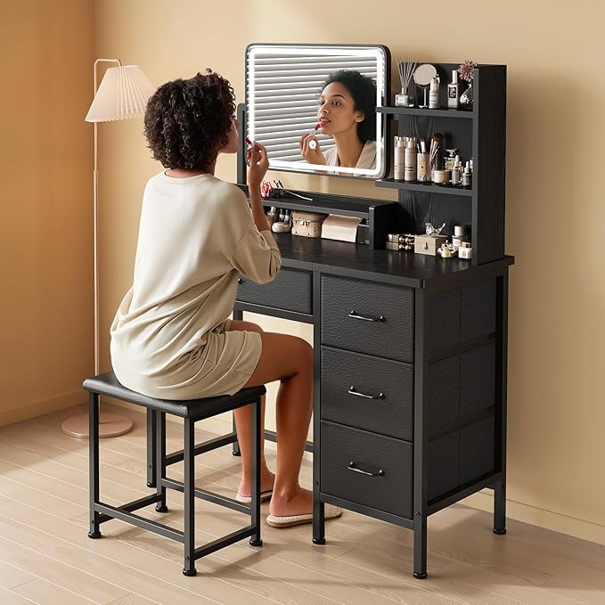 Makeup Vanity Desk with Mirror and Lights, Small Vanity with Fabric Storage Drawer & Chair & Shelves,Black Compact Makeup Vanity Set for Bedroom