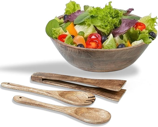 Crocon Wooden Salad Bowls Set, Round Serving Bowl for Fruits or Salads, Cereal, Corn Flake, Pasta Large Wood Serving Bowl, 10" Big Salad Bowl With Serving Utensils