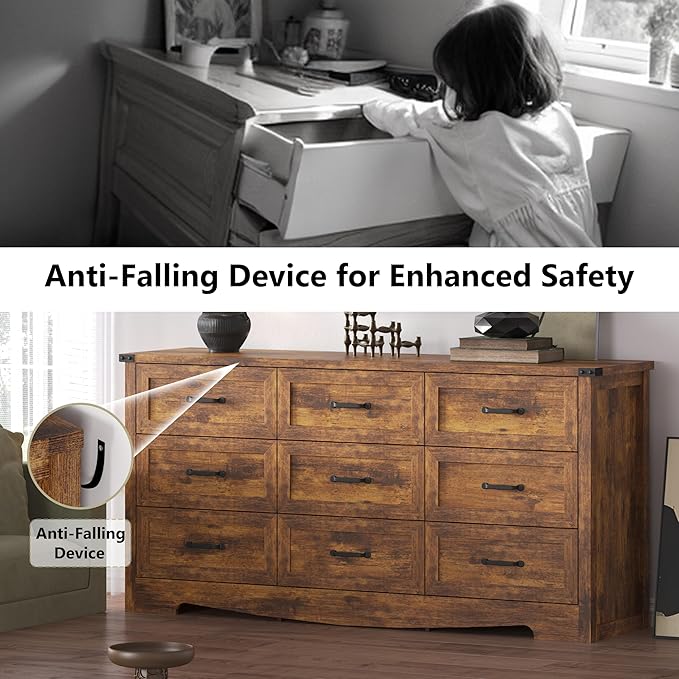 Dresser for Bedroom, 59'' Wide Wooden Chest of Drawers with Natural Wood Texture, 9 Drawer Dresser for Closet with Metal Handles, Sleek Storage Solution for Living Room, Office, Hallway, Brown