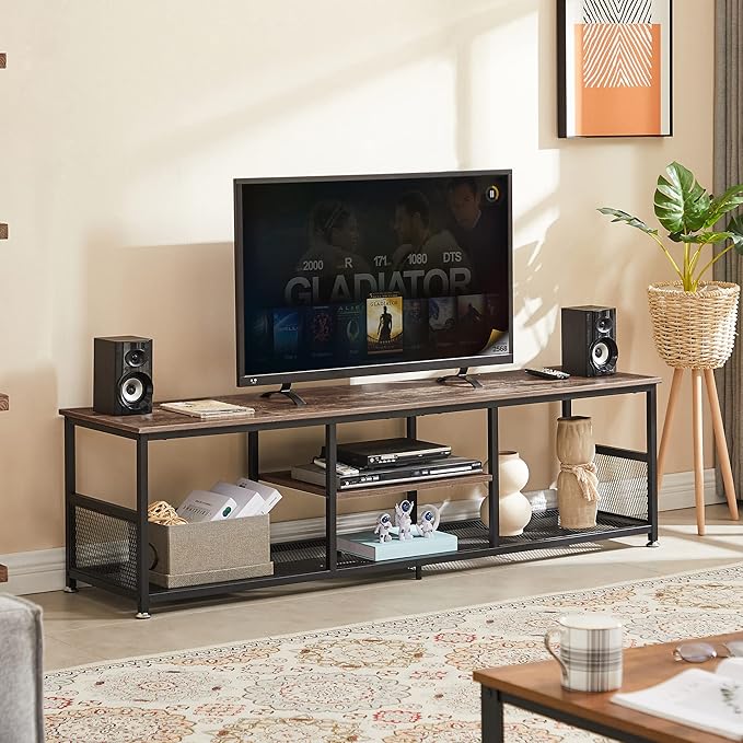 VECELO Industrial TV Stand for Televisions up to 70 Inch, 62" Entertainment Center with Open Storage Shelves for Living Room/Bedroom, 3 Tiers Media Console Table with Metal Frame, Brown, 62 Inches