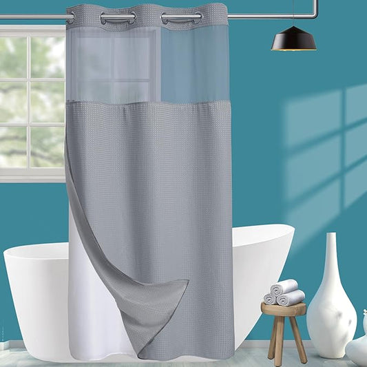 Conbo Mio Stall No Hook Waffle Weave Shower Curtain with Snap in Liner Set, Hotel Luxury Grey Shower Curtains for Bathroom with See Through Top Window, Waterproof, Washable 36W x 74H