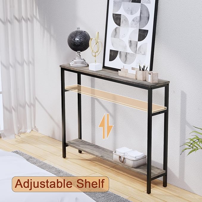Narrow Console Table, 39.4” Sofa Table with Adjustable Shelf, 2-Tier Long Skinny Table for Hallway, Entryway, Living Room, Foyer, Grey