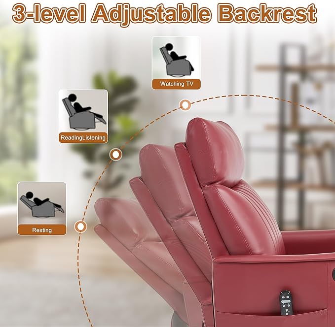 Manual Swivel Rocker Recliner Chair for Adults, Overstuffed Recliner Glider with Massage and Heat, Living Room Reclining Chair, PU Leather Red